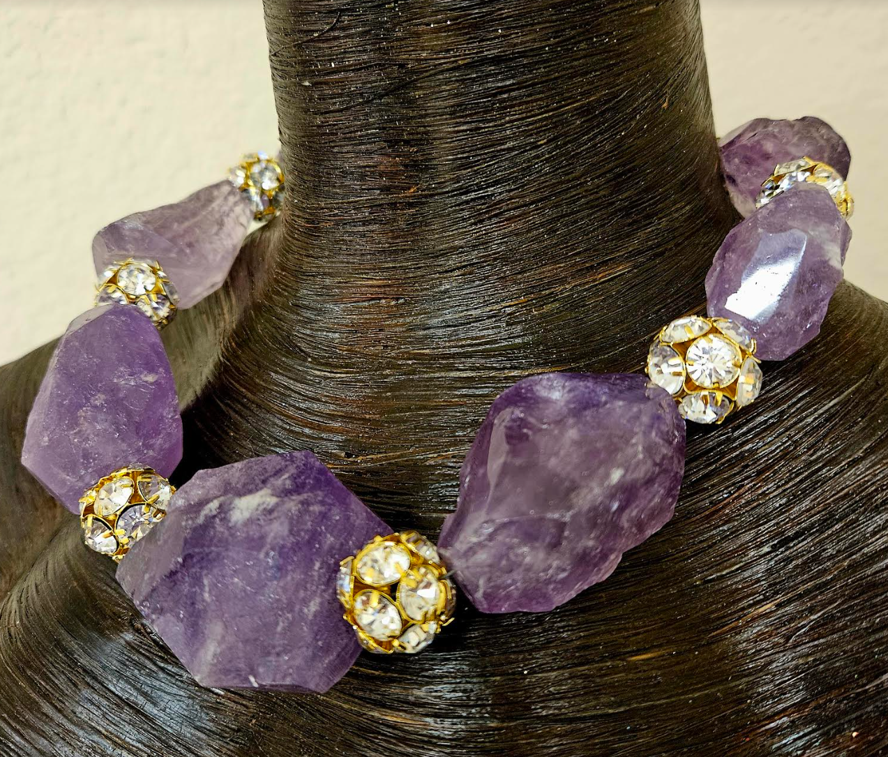 Rough Faceted Amethyst Boulder and Rhinestone Ball Statement Necklace - Bold Chunky Dramatic Purple Crystal Gemstone Choker - Holiday Glamour Jewelry - Kat Kouture Jewelry