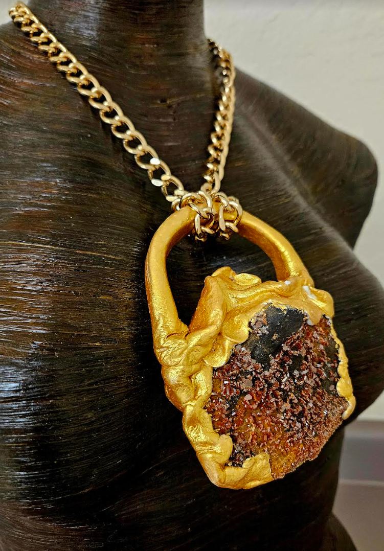 Sculpted Vanadinite Crystal Statement Pendant - Unisex Faux Gold Rough Orange Crystal Gemstone Talisman  - Autumn Chest Piece - Kat Kouture Jewelry