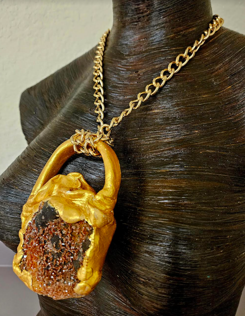 Sculpted Vanadinite Crystal Statement Pendant - Unisex Faux Gold Rough Orange Crystal Gemstone Talisman  - Autumn Chest Piece - Kat Kouture Jewelry