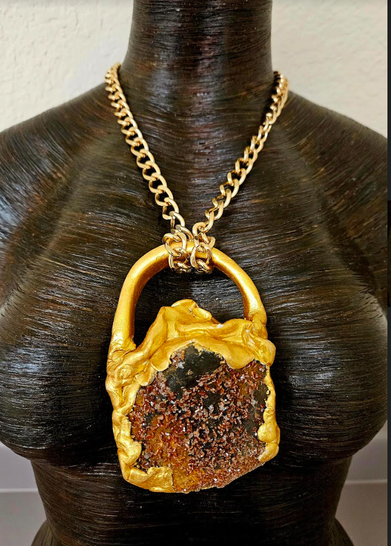 Sculpted Vanadinite Crystal Statement Pendant - Unisex Faux Gold Rough Orange Crystal Gemstone Talisman  - Autumn Chest Piece - Kat Kouture Jewelry