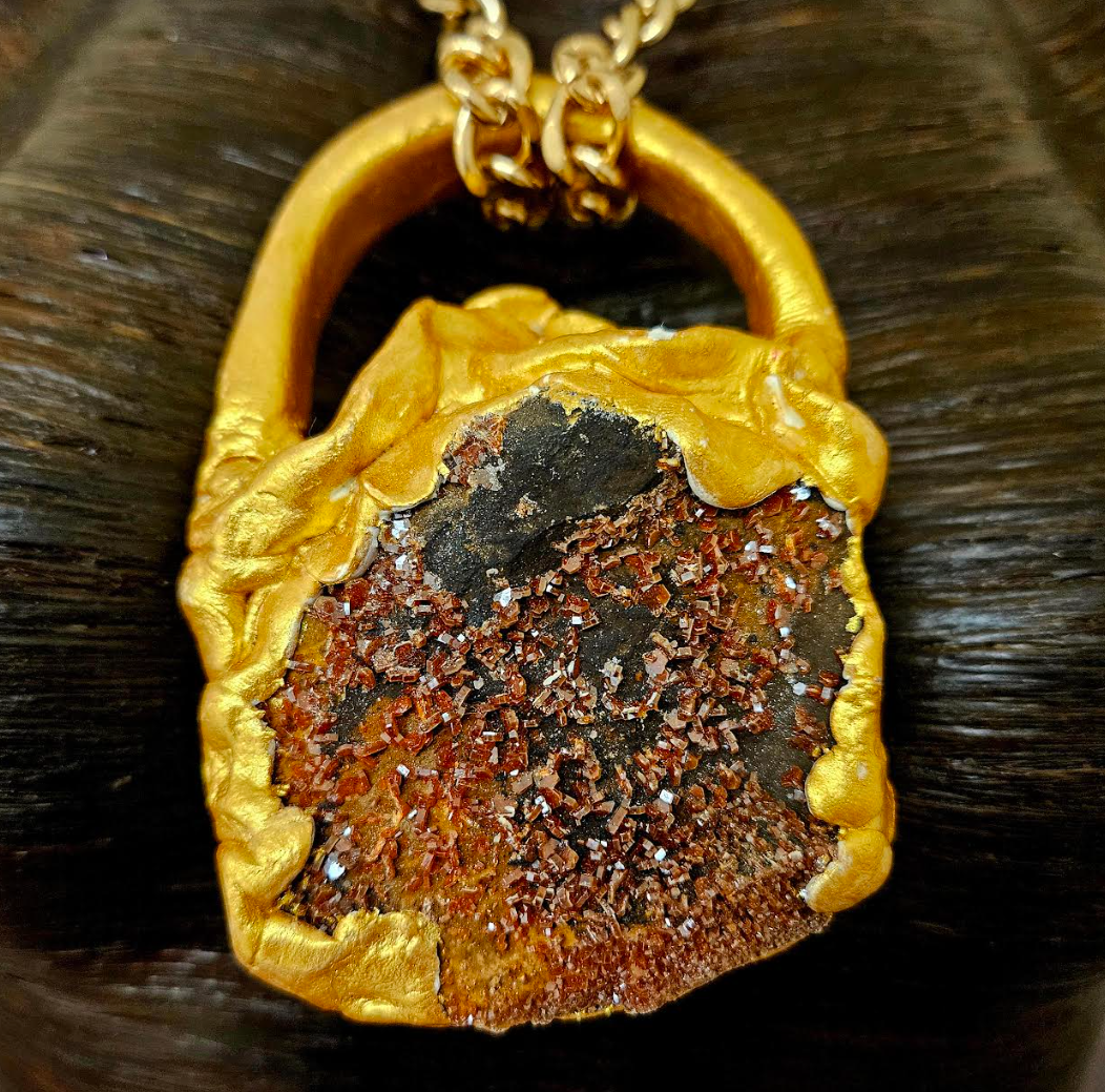 Sculpted Vanadinite Crystal Statement Pendant - Unisex Faux Gold Rough Orange Crystal Gemstone Talisman  - Autumn Chest Piece - Kat Kouture Jewelry