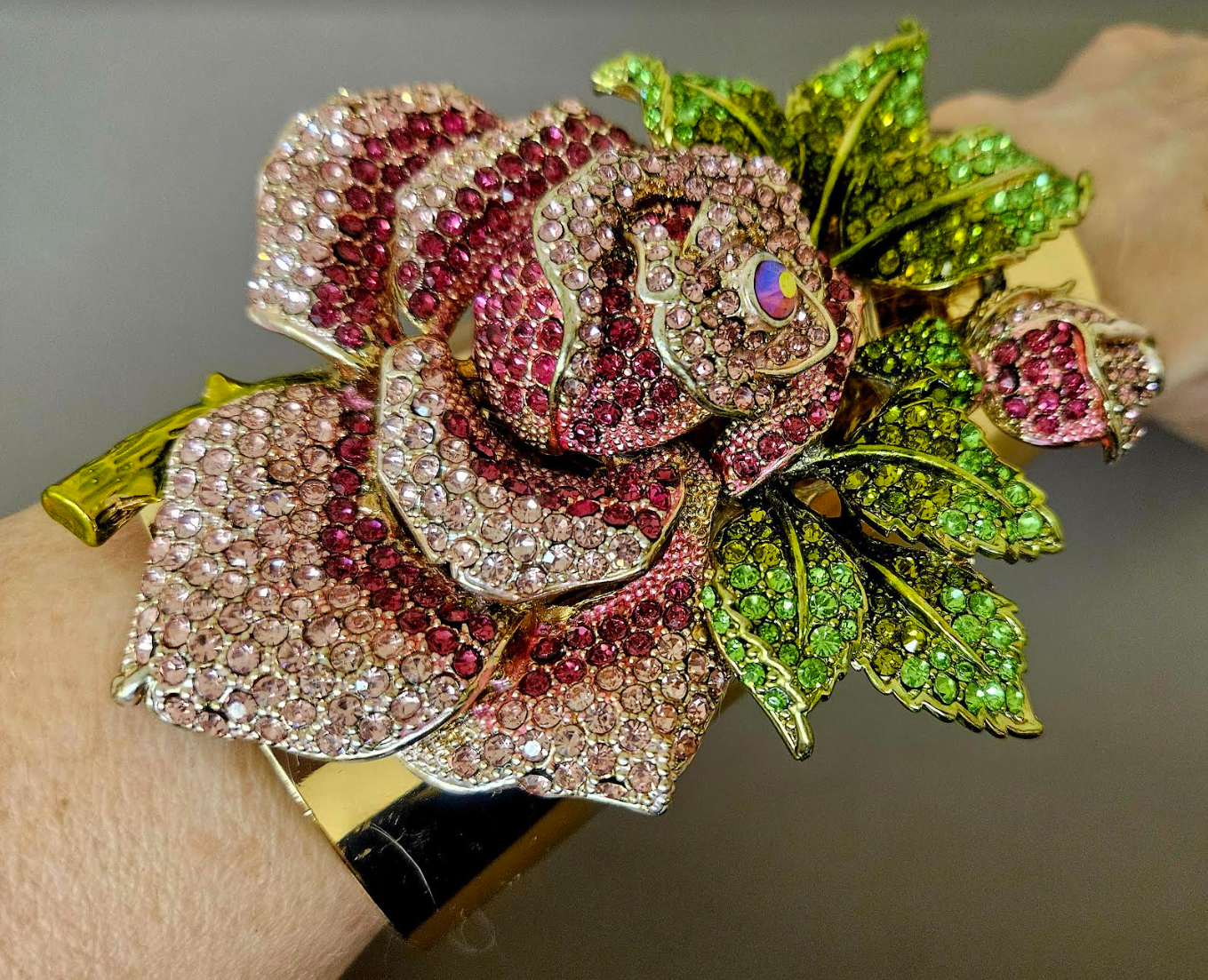 Ornate Pink Rhinestone Roses Gold Tone Statement Cuff - Oversized Floral Bling Bling Bracelet - Bridal Wedding Wrist Candy - Kat Kouture Jewelry