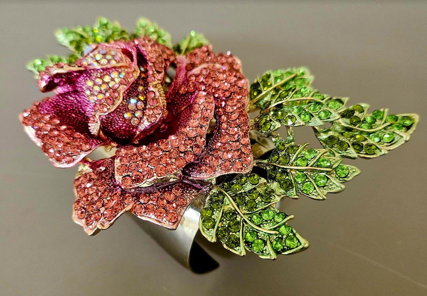 Pink Crystal Rose Oversized Statement Cuff - Flower Bling Bling Wrist Candy - Kat Kouture Jewelry - Black Tie Bangle