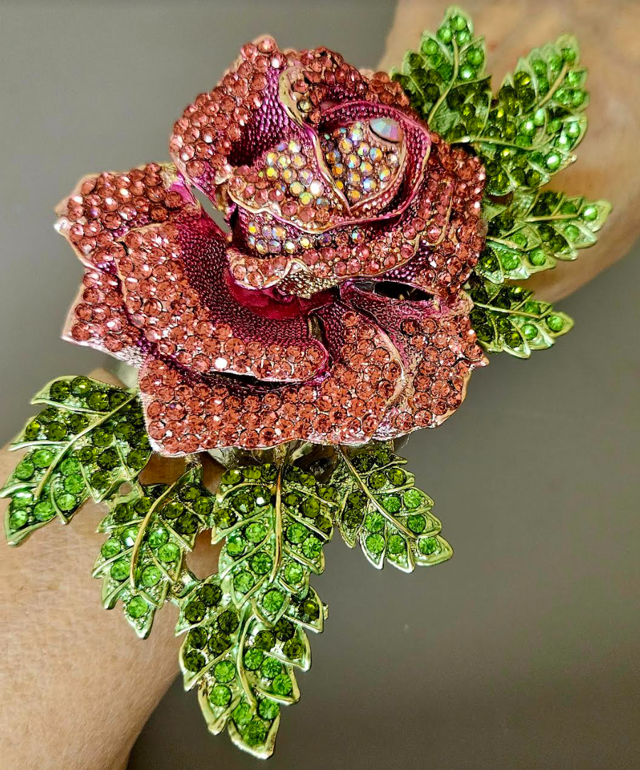 Pink Crystal Rose Oversized Statement Cuff - Flower Bling Bling Wrist Candy - Kat Kouture Jewelry - Black Tie Bangle