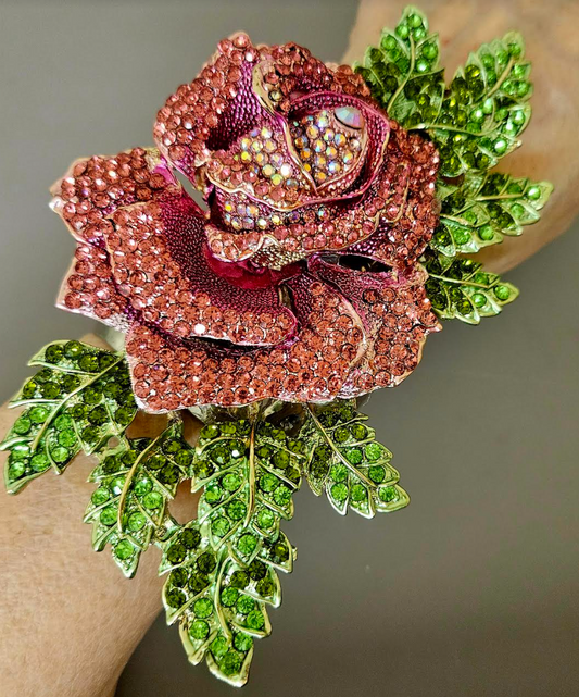 Pink Crystal Rose Oversized Statement Cuff - Flower Bling Bling Wrist Candy - Kat Kouture Jewelry - Black Tie Bangle