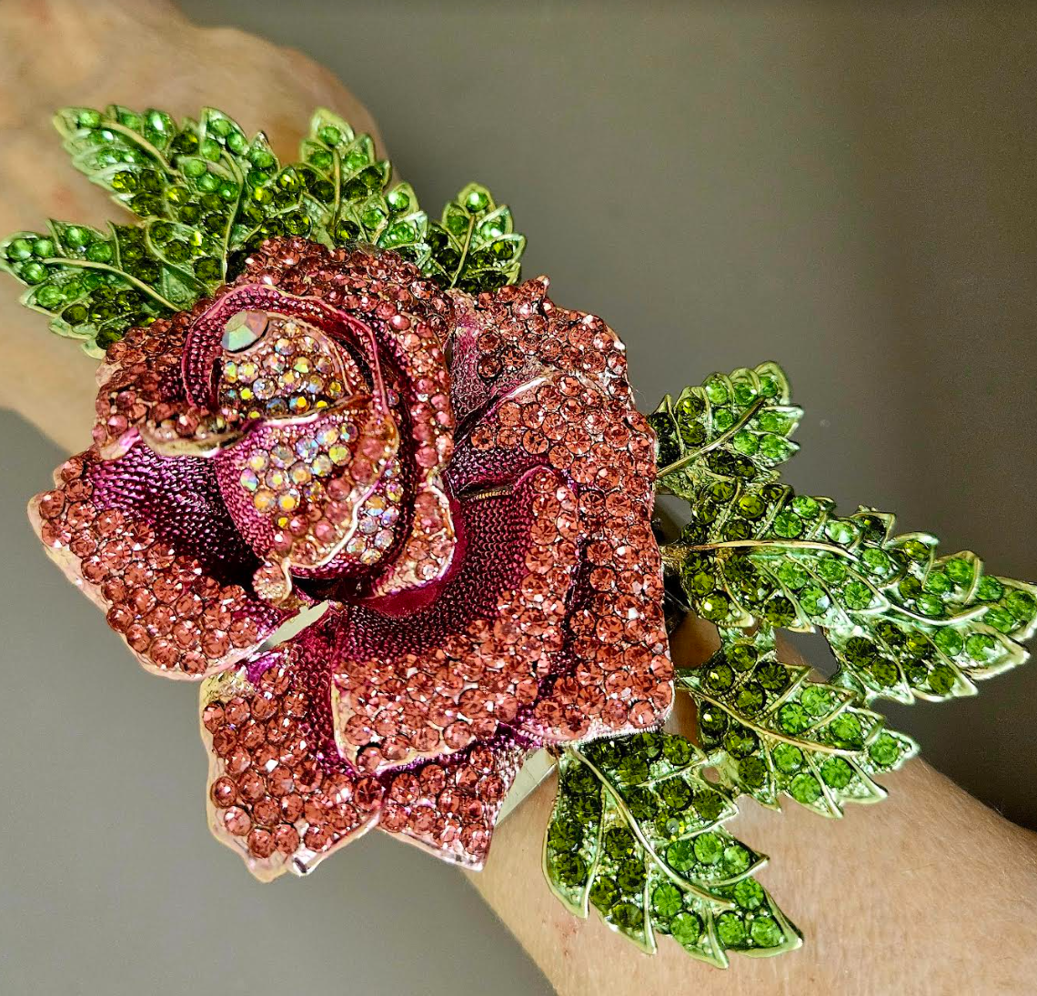 Pink Crystal Rose Oversized Statement Cuff - Flower Bling Bling Wrist Candy - Kat Kouture Jewelry - Black Tie Bangle