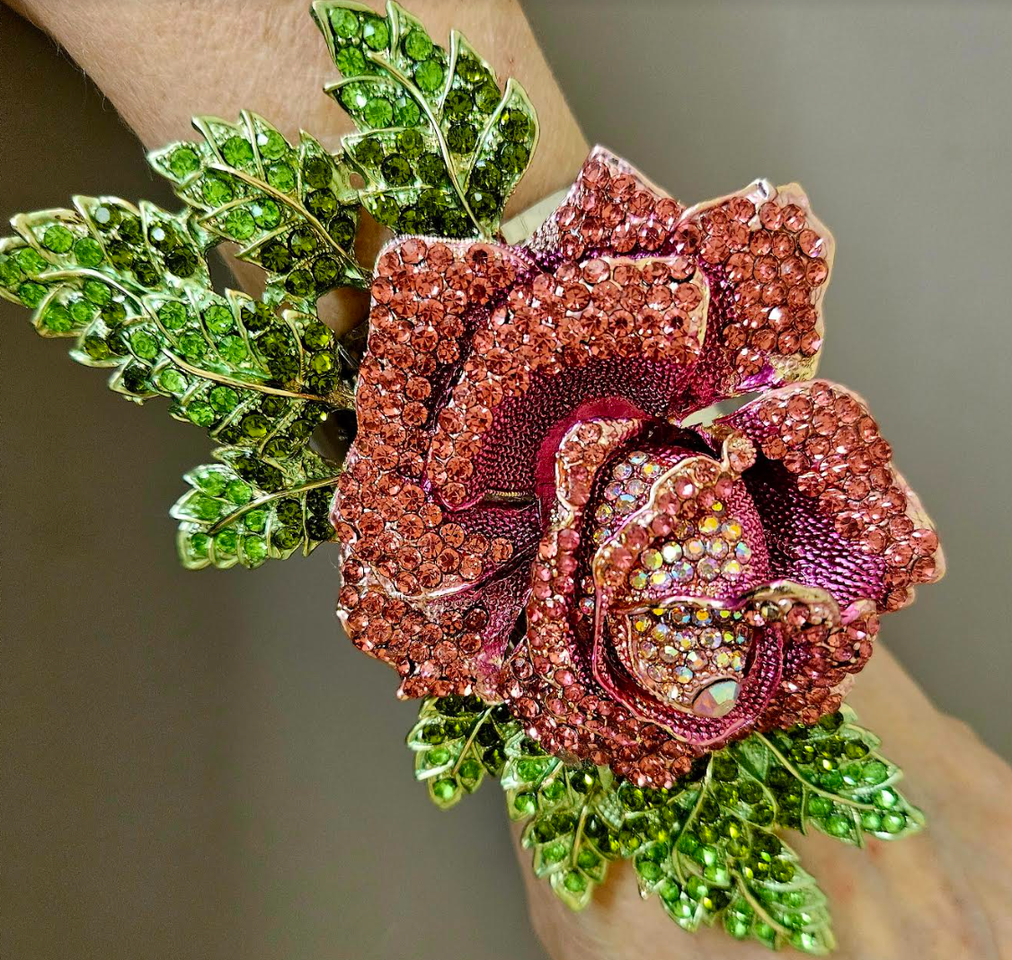 Pink Crystal Rose Oversized Statement Cuff - Flower Bling Bling Wrist Candy - Kat Kouture Jewelry - Black Tie Bangle