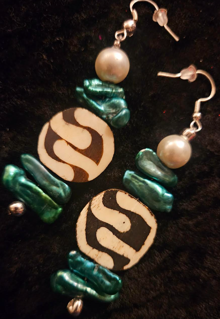 Green Freshwater Pearl & African Batik Bone Dangle Earrings - Exotic Animal Print Beaded Pierced Earrings - Ear Candy for Women of Color - Kat Kouture Jewelry