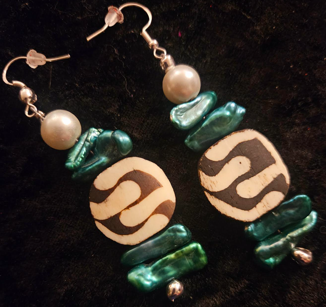 Green Freshwater Pearl & African Batik Bone Dangle Earrings - Exotic Animal Print Beaded Pierced Earrings - Ear Candy for Women of Color - Kat Kouture Jewelry