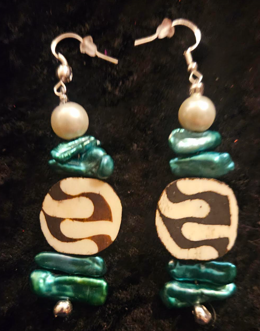 Green Freshwater Pearl & African Batik Bone Dangle Earrings - Exotic Animal Print Beaded Pierced Earrings - Ear Candy for Women of Color - Kat Kouture Jewelry