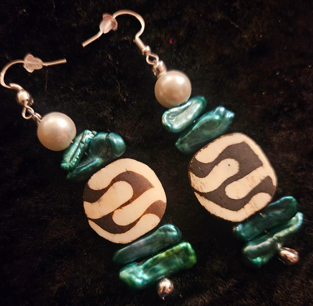 Green Freshwater Pearl & African Batik Bone Dangle Earrings - Exotic Animal Print Beaded Pierced Earrings - Ear Candy for Women of Color - Kat Kouture Jewelry