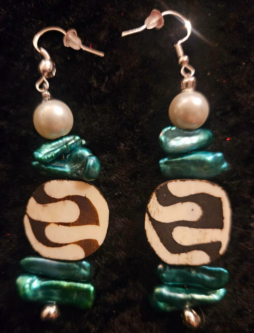 Green Freshwater Pearl & African Batik Bone Dangle Earrings - Exotic Animal Print Beaded Pierced Earrings - Ear Candy for Women of Color - Kat Kouture Jewelry