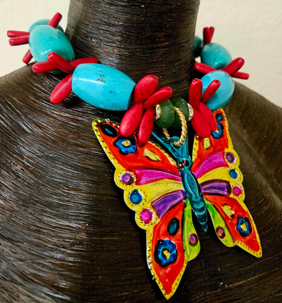 Mexican Folk Art Beaded Statement Choker - Colorful Tin Butterfly Pendant - Bold Chunky and Heavy Beaded Neck Candy - Kat Kouture Jewelry