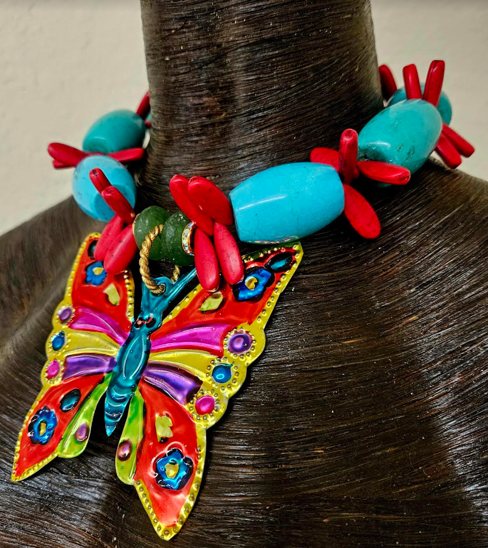 Mexican Folk Art Beaded Statement Choker - Colorful Tin Butterfly Pendant - Bold Chunky and Heavy Beaded Neck Candy - Kat Kouture Jewelry