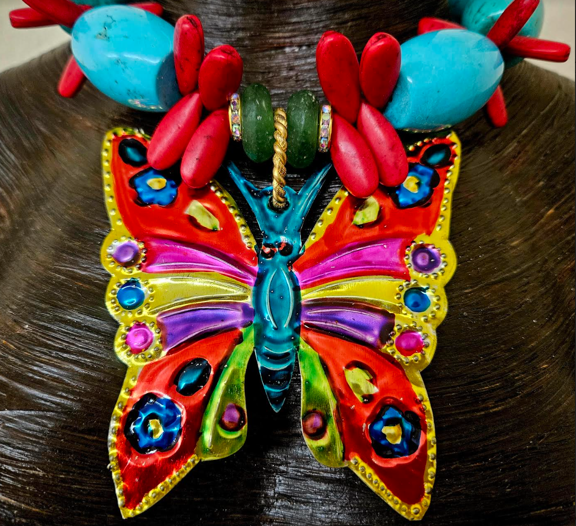 Mexican Folk Art Beaded Statement Choker - Colorful Tin Butterfly Pendant - Bold Chunky and Heavy Beaded Neck Candy - Kat Kouture Jewelry