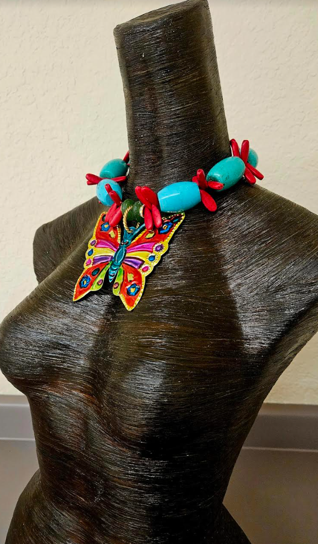 Mexican Folk Art Beaded Statement Choker - Colorful Tin Butterfly Pendant - Bold Chunky and Heavy Beaded Neck Candy - Kat Kouture Jewelry