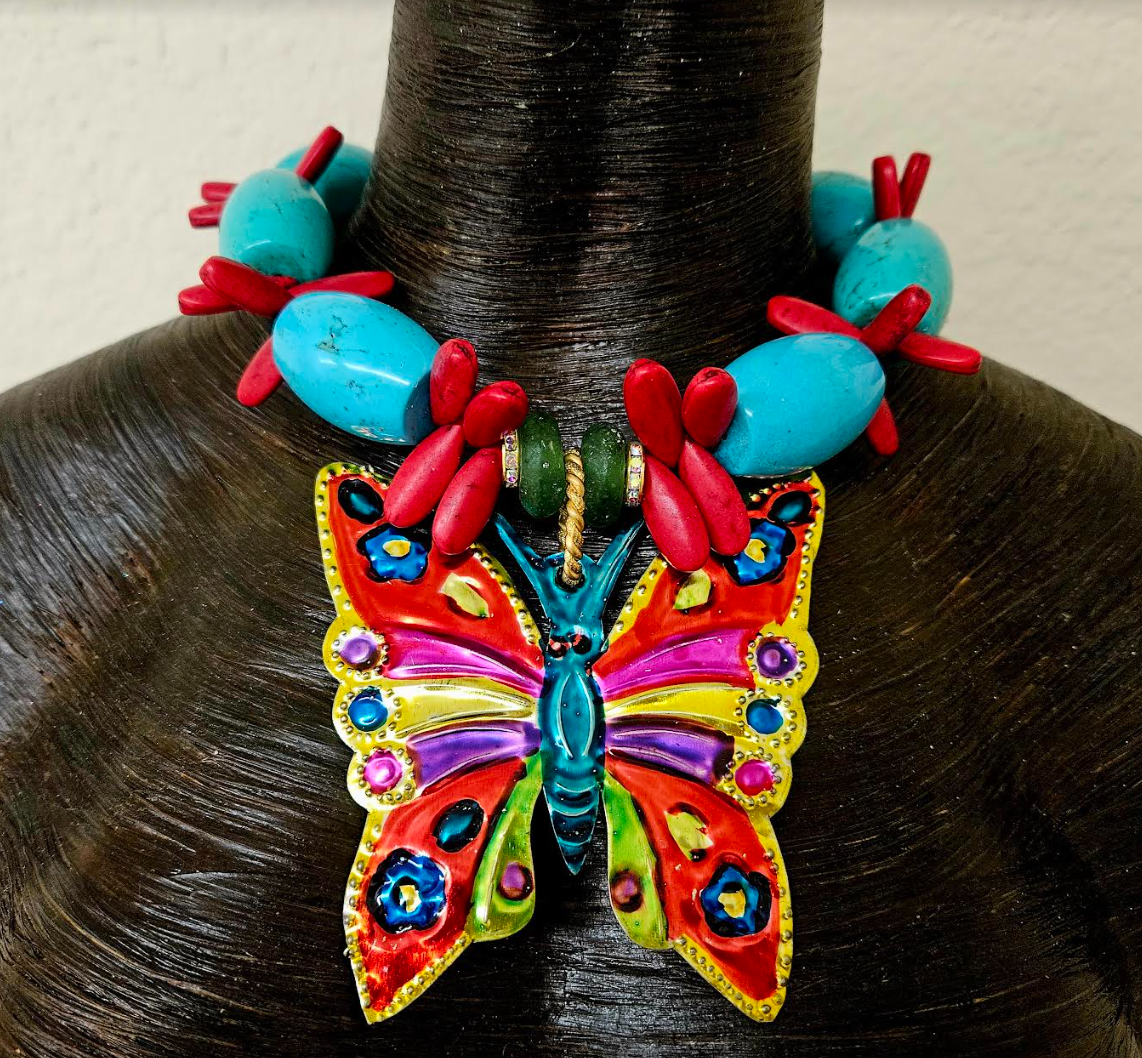 Mexican Folk Art Beaded Statement Choker - Colorful Tin Butterfly Pendant - Bold Chunky and Heavy Beaded Neck Candy - Kat Kouture Jewelry