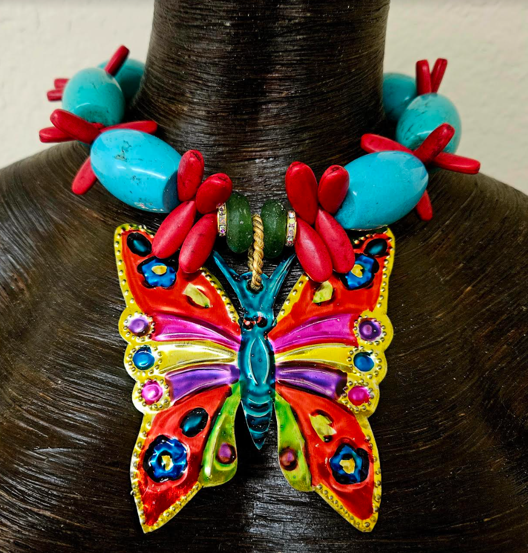 Mexican Folk Art Beaded Statement Choker - Colorful Tin Butterfly Pendant - Bold Chunky and Heavy Beaded Neck Candy - Kat Kouture Jewelry