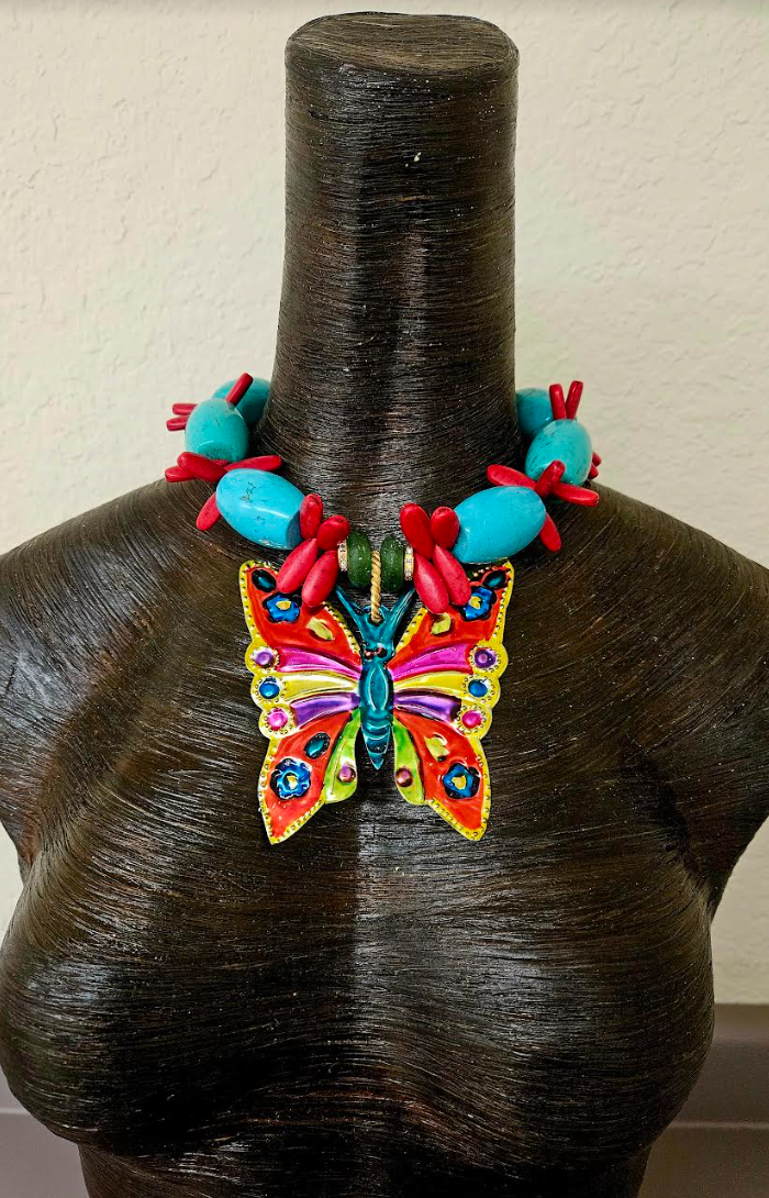 Mexican Folk Art Beaded Statement Choker - Colorful Tin Butterfly Pendant - Bold Chunky and Heavy Beaded Neck Candy - Kat Kouture Jewelry