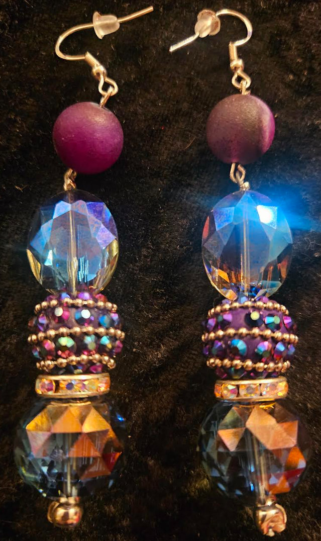 Blue & Purple Aura Crystal Dangle Pierced Earrings - Holiday Glamour Ear Candy - Fancy Beaded Dangle Black Tie Earrings - Kat Kouture Jewelry