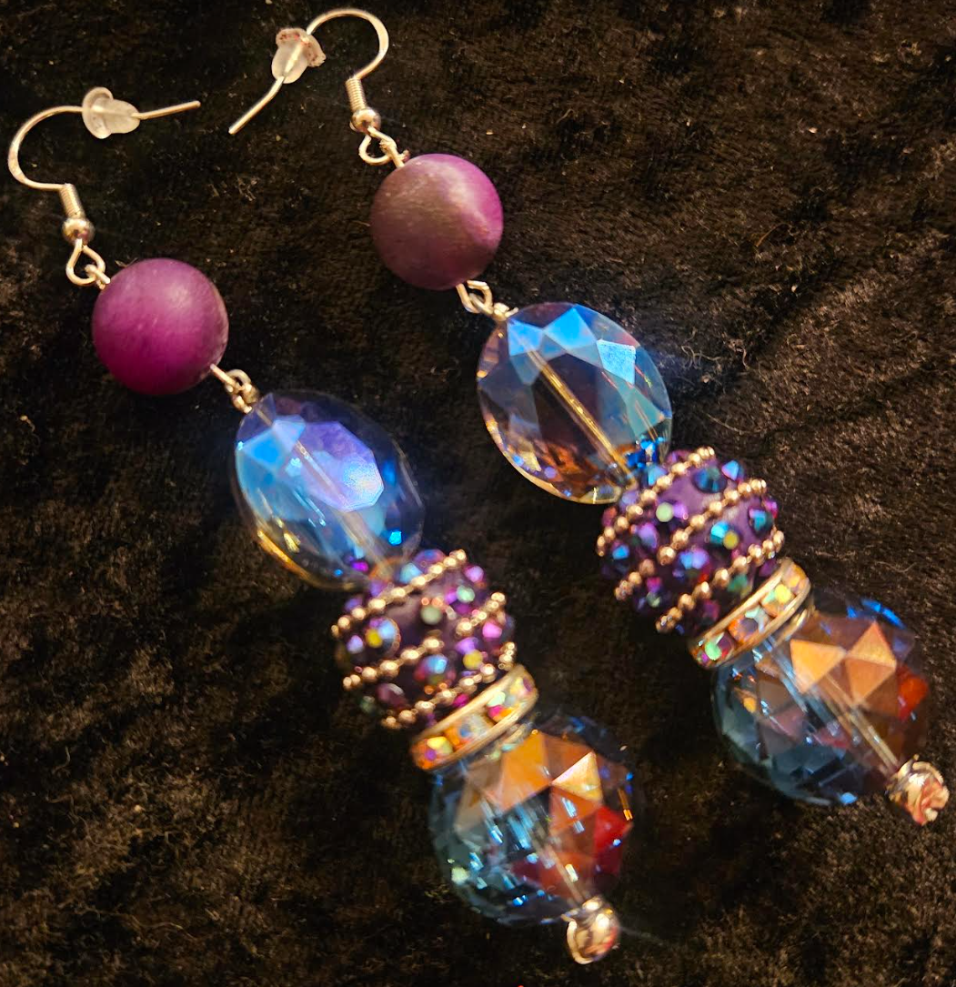 Blue & Purple Aura Crystal Dangle Pierced Earrings - Holiday Glamour Ear Candy - Fancy Beaded Dangle Black Tie Earrings - Kat Kouture Jewelry