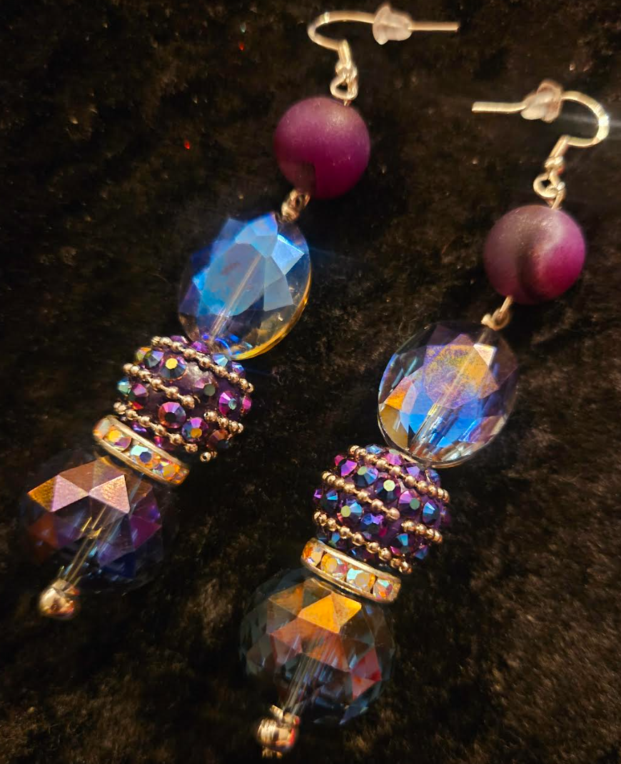 Blue & Purple Aura Crystal Dangle Pierced Earrings - Holiday Glamour Ear Candy - Fancy Beaded Dangle Black Tie Earrings - Kat Kouture Jewelry