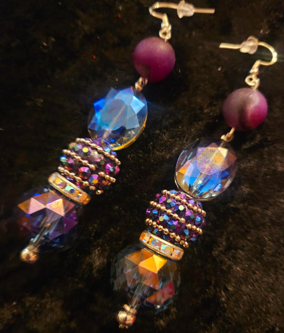 Blue & Purple Aura Crystal Dangle Pierced Earrings - Holiday Glamour Ear Candy - Fancy Beaded Dangle Black Tie Earrings - Kat Kouture Jewelry