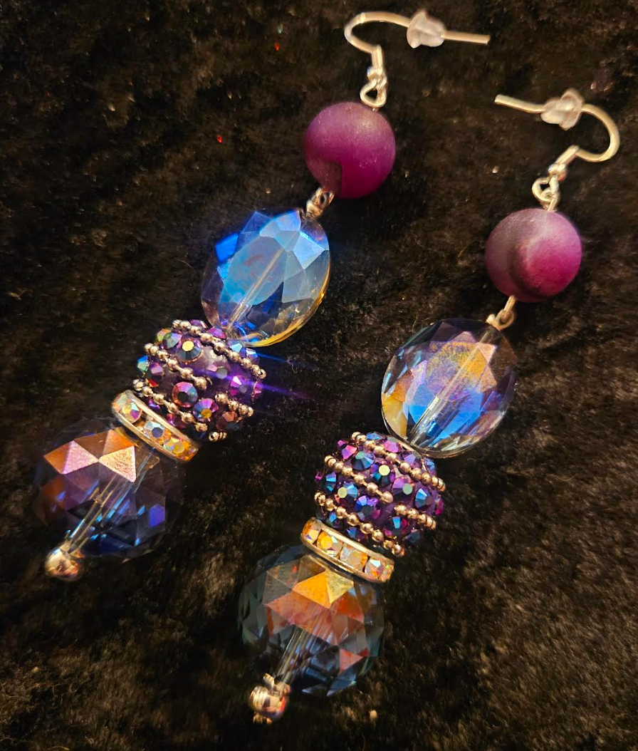 Blue & Purple Aura Crystal Dangle Pierced Earrings - Holiday Glamour Ear Candy - Fancy Beaded Dangle Black Tie Earrings - Kat Kouture Jewelry