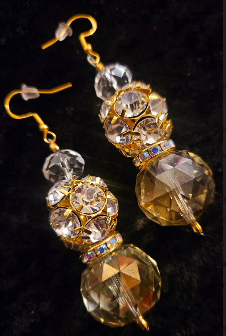 Golden Crystal & Rhinestone Ball Fancy Dangle Pierced Earrings - Wedding Bridal & Black Tie Ear Candy -  Kat Kouture Jewelry