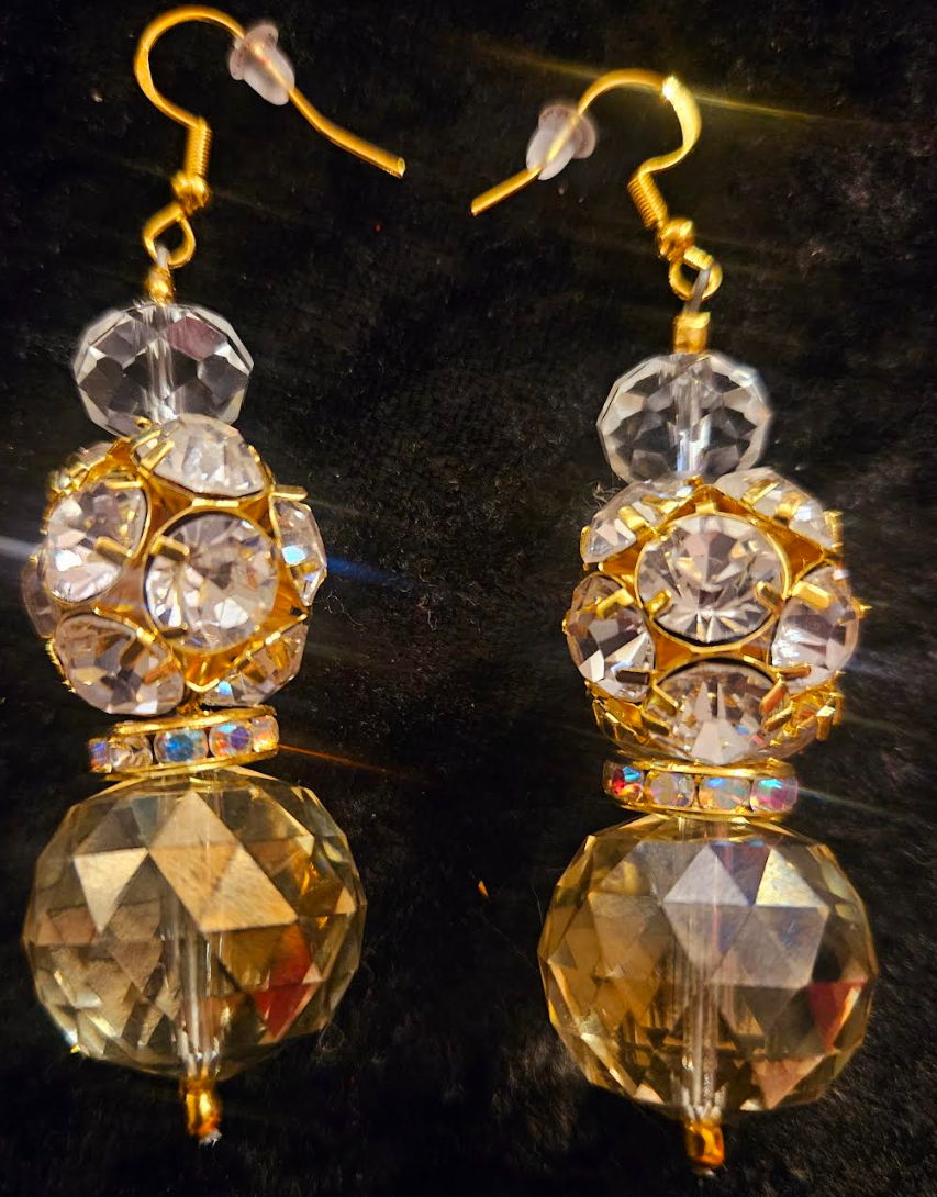 Golden Crystal & Rhinestone Ball Fancy Dangle Pierced Earrings - Wedding Bridal & Black Tie Ear Candy -  Kat Kouture Jewelry