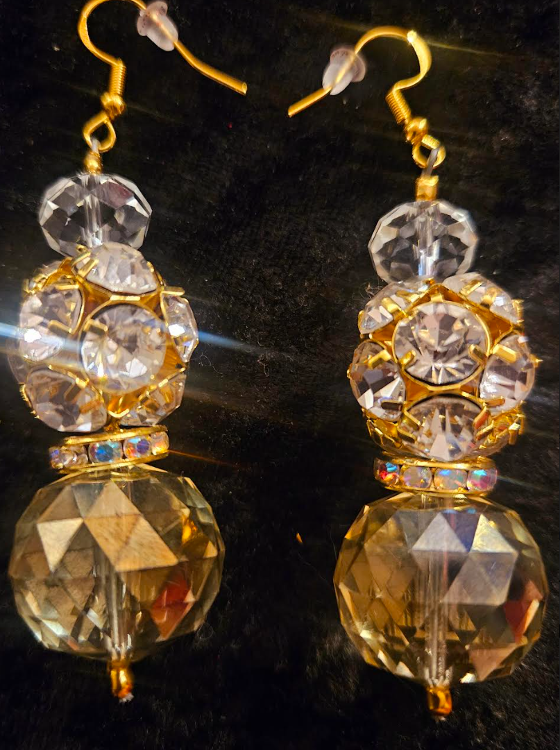 Golden Crystal & Rhinestone Ball Fancy Dangle Pierced Earrings - Wedding Bridal & Black Tie Ear Candy -  Kat Kouture Jewelry