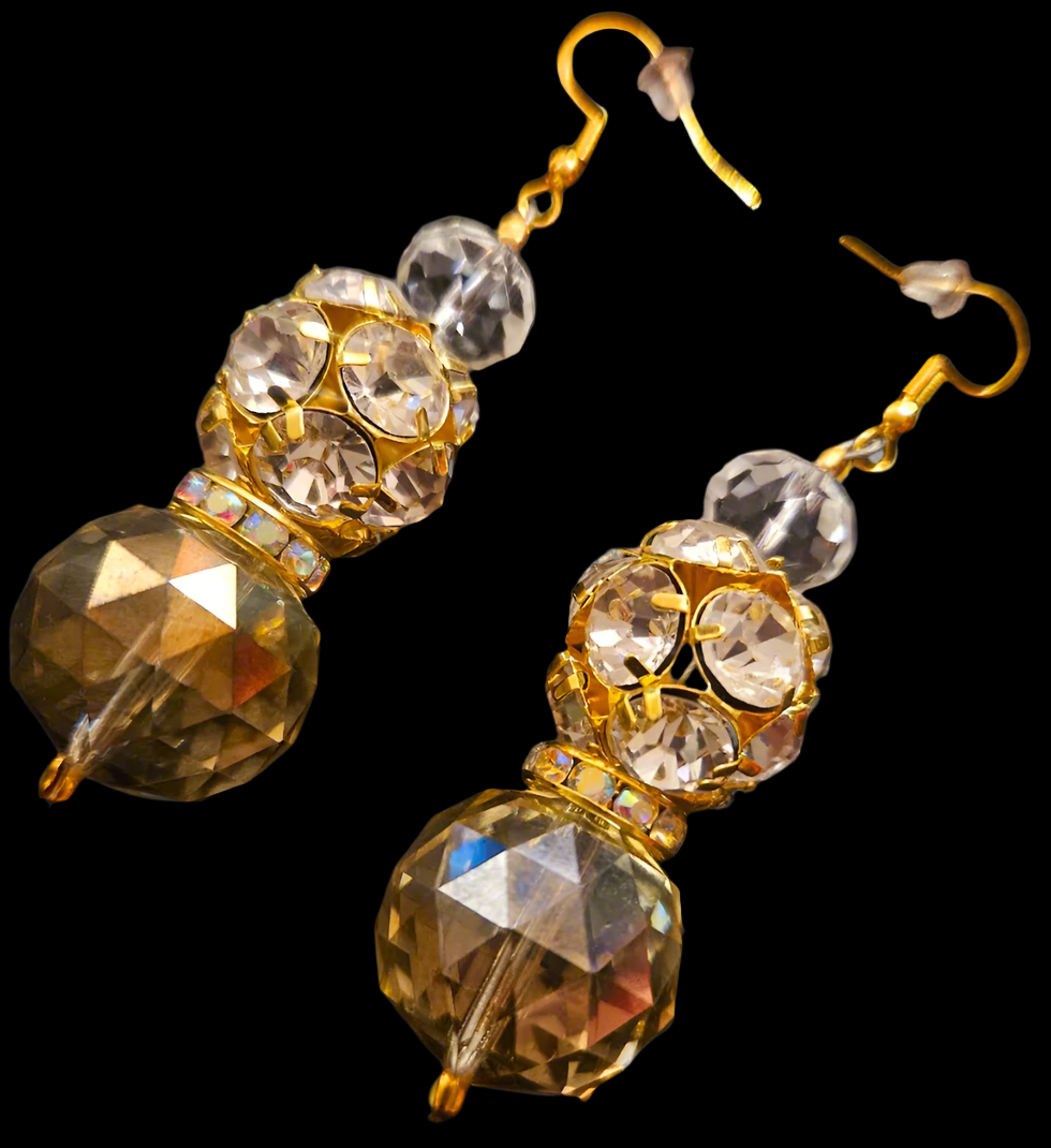 Golden Crystal & Rhinestone Ball Fancy Dangle Pierced Earrings - Wedding Bridal & Black Tie Ear Candy -  Kat Kouture Jewelry