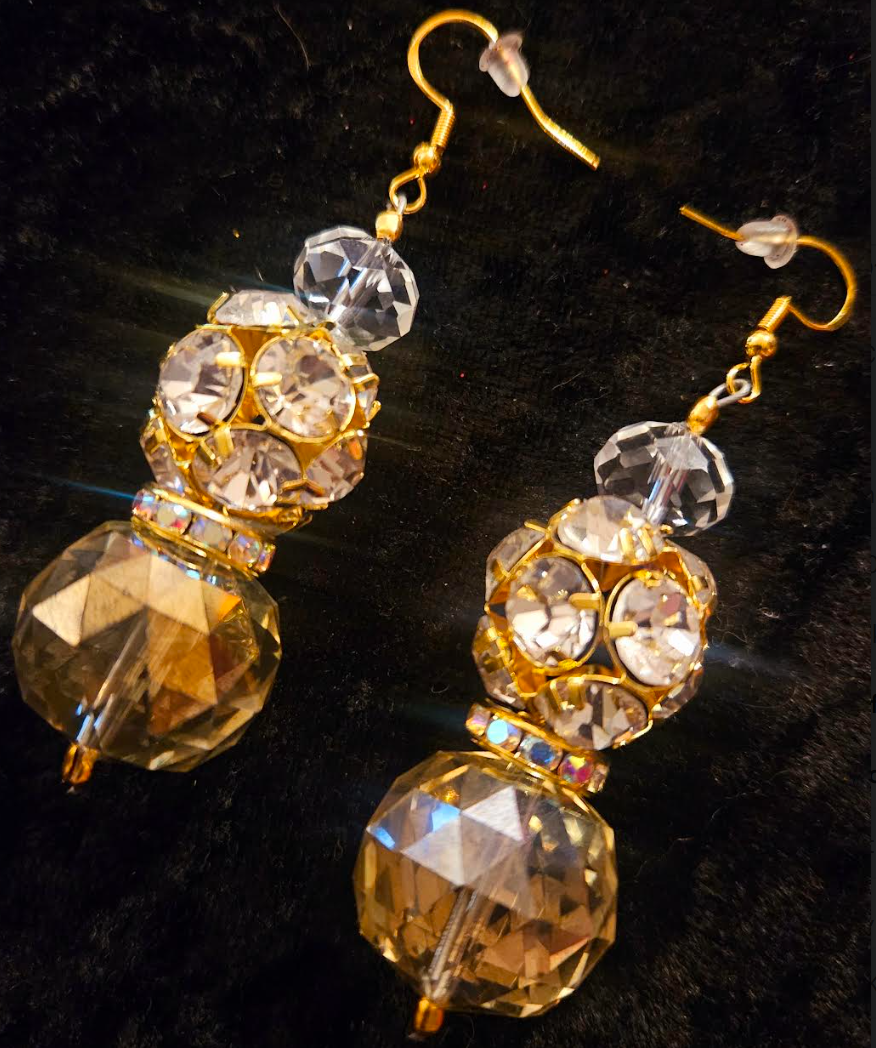 Golden Crystal & Rhinestone Ball Fancy Dangle Pierced Earrings - Wedding Bridal & Black Tie Ear Candy -  Kat Kouture Jewelry