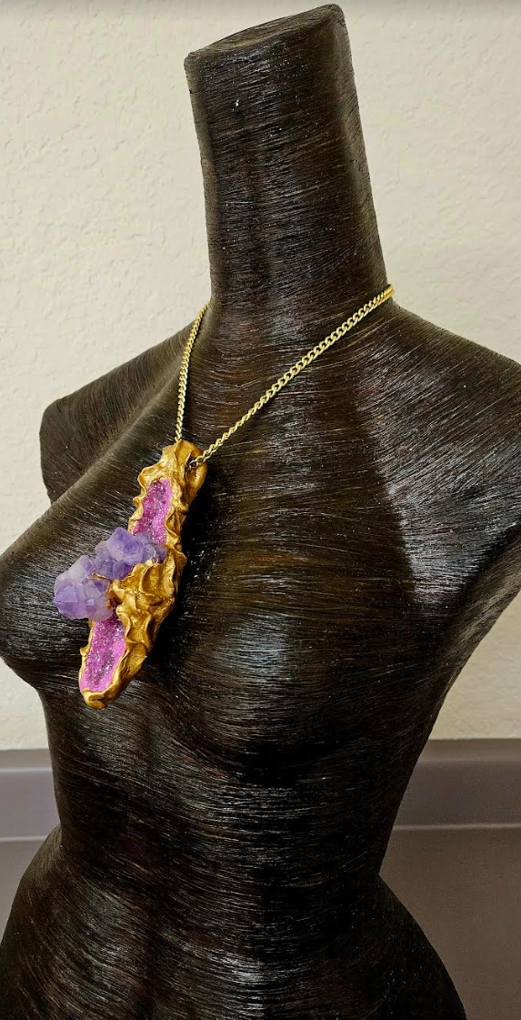 Hot Pink Geode & Amethyst Crystal Sculpted Talisman - Rough Gemstone Amulet for Women - Crystal Cave Statement Pendant  Kat Kouture Jewelry