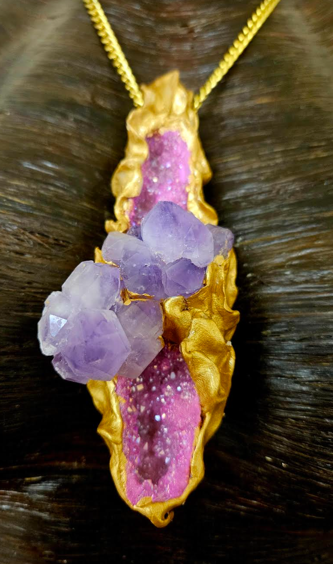 Hot Pink Geode & Amethyst Crystal Sculpted Talisman - Rough Gemstone Amulet for Women - Crystal Cave Statement Pendant  Kat Kouture Jewelry