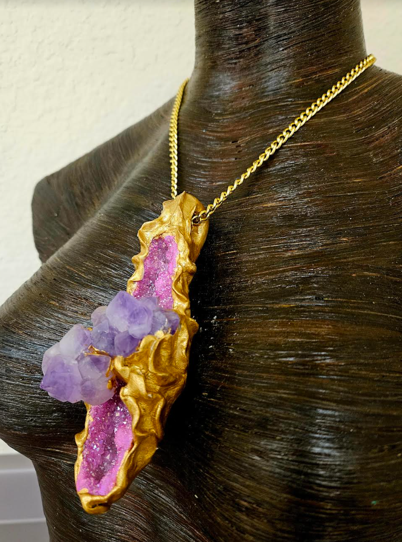 Hot Pink Geode & Amethyst Crystal Sculpted Talisman - Rough Gemstone Amulet for Women - Crystal Cave Statement Pendant  Kat Kouture Jewelry