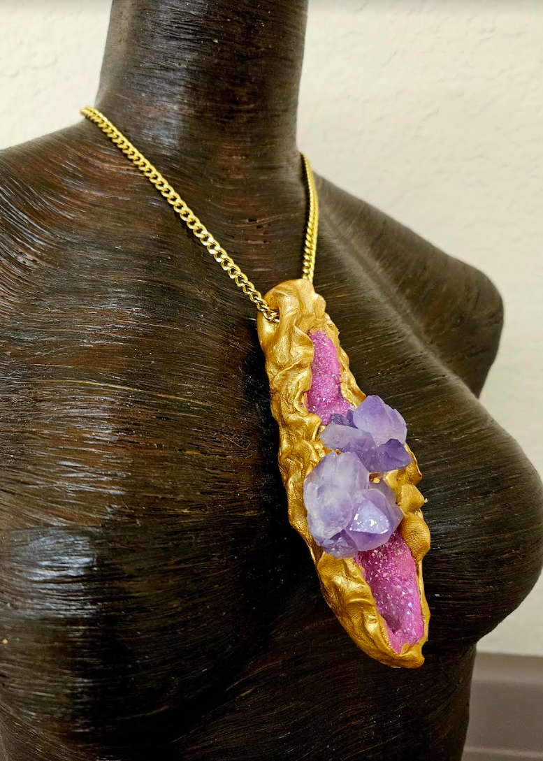 Hot Pink Geode & Amethyst Crystal Sculpted Talisman - Rough Gemstone Amulet for Women - Crystal Cave Statement Pendant  Kat Kouture Jewelry