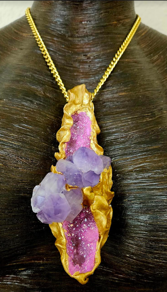 Hot Pink Geode & Amethyst Crystal Sculpted Talisman - Rough Gemstone Amulet for Women - Crystal Cave Statement Pendant  Kat Kouture Jewelry