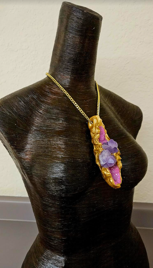 Hot Pink Geode & Amethyst Crystal Sculpted Talisman - Rough Gemstone Amulet for Women - Crystal Cave Statement Pendant  Kat Kouture Jewelry