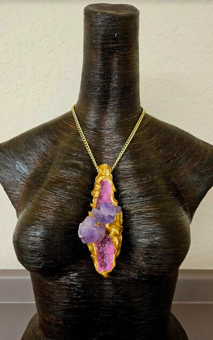 Hot Pink Geode & Amethyst Crystal Sculpted Talisman - Rough Gemstone Amulet for Women - Crystal Cave Statement Pendant  Kat Kouture Jewelry