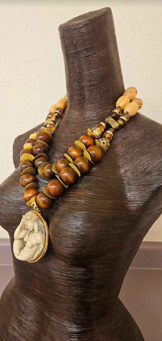 Earth Tone Beaded Art Nouveau Goddess Pendant Chest Piece - Unisex Autumn Greek God Statement Necklace - Kat Kouture Jewelry