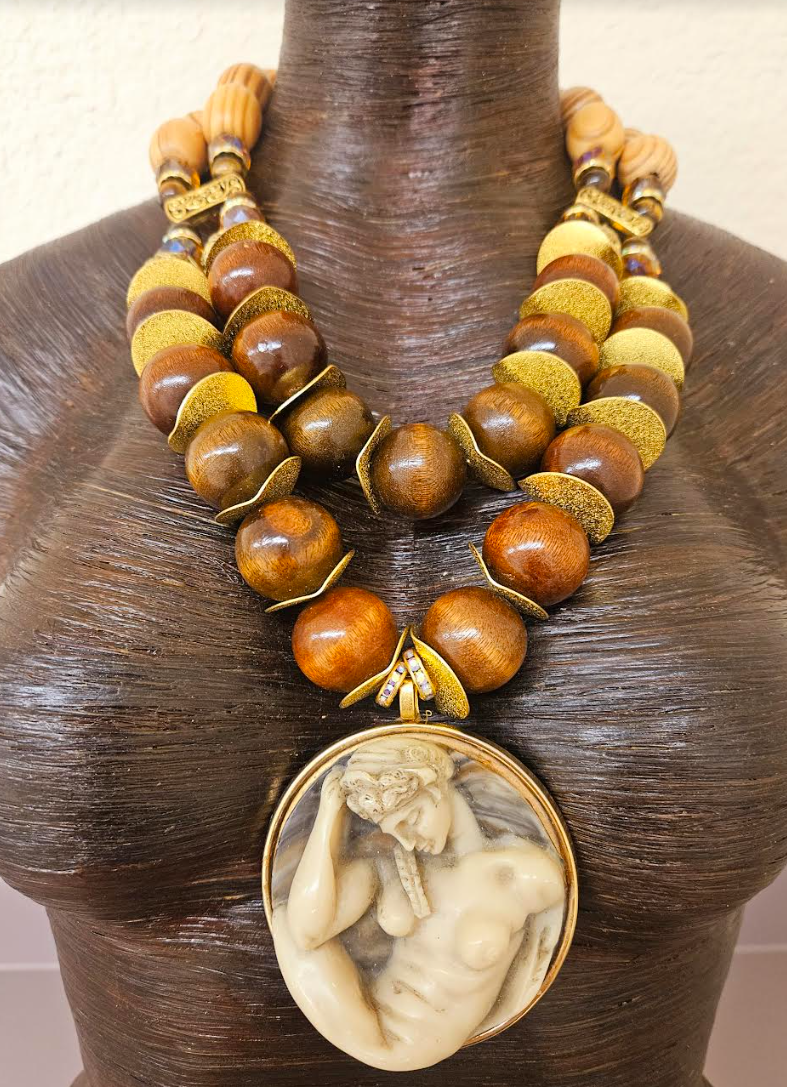 Earth Tone Beaded Art Nouveau Goddess Pendant Chest Piece - Unisex Autumn Greek God Statement Necklace - Kat Kouture Jewelry