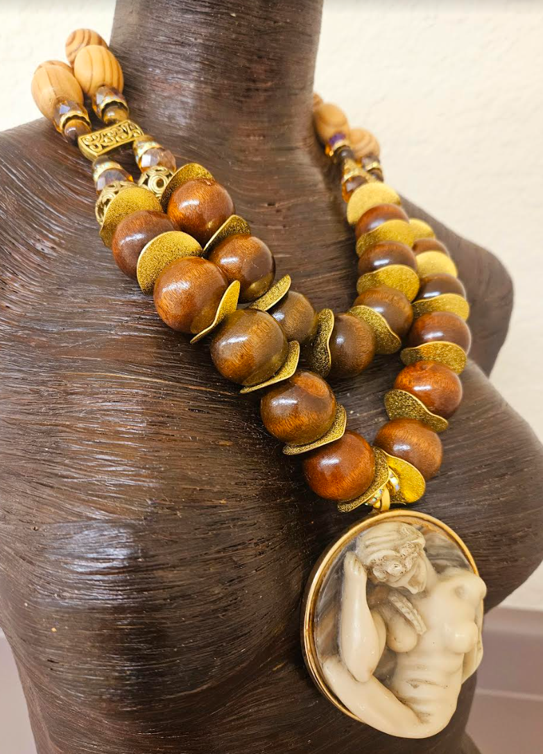 Earth Tone Beaded Art Nouveau Goddess Pendant Chest Piece - Unisex Autumn Greek God Statement Necklace - Kat Kouture Jewelry