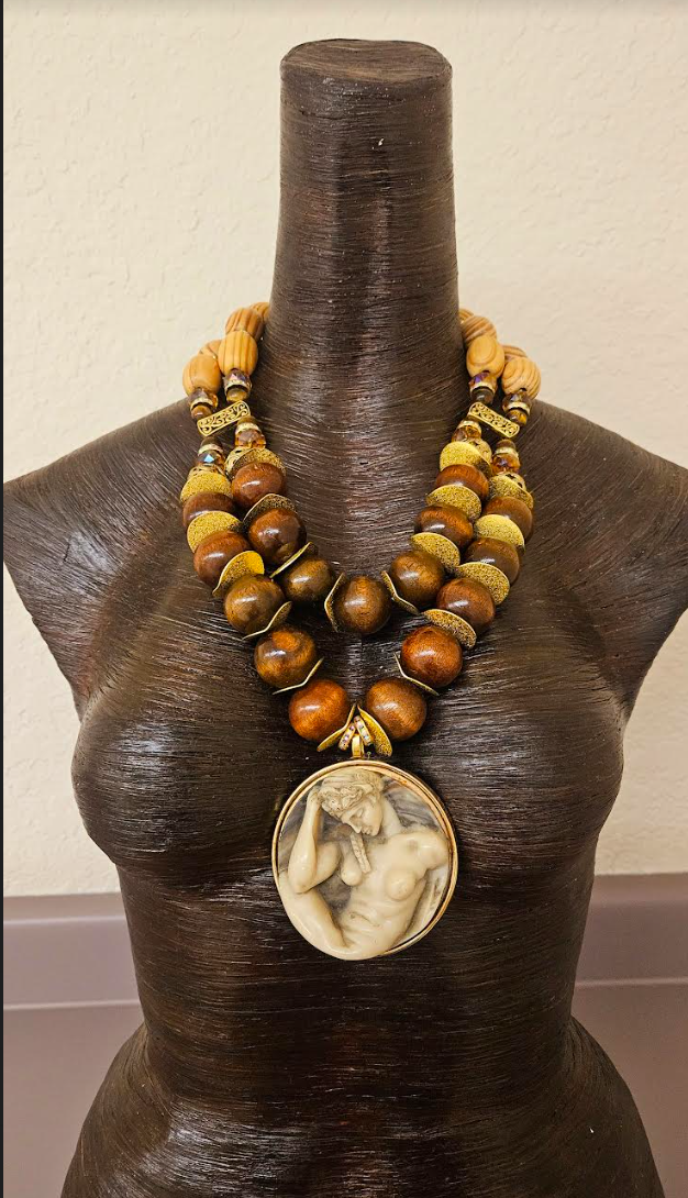 Earth Tone Beaded Art Nouveau Goddess Pendant Chest Piece - Unisex Autumn Greek God Statement Necklace - Kat Kouture Jewelry