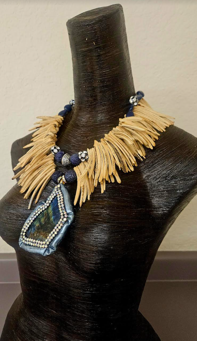 Labradorite Sculpted Slab & Coconut Fringe Chest Piece - Exotic Wood and Gemstone Unisex Statement Necklace - Spectrolite Sapphire and Rhinestone Bib - Kat Kouture Jewelry