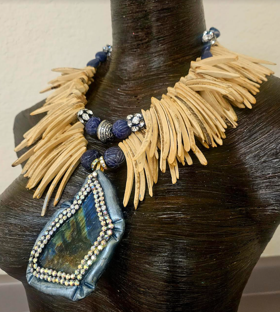 Labradorite Sculpted Slab & Coconut Fringe Chest Piece - Exotic Wood and Gemstone Unisex Statement Necklace - Spectrolite Sapphire and Rhinestone Bib - Kat Kouture Jewelry