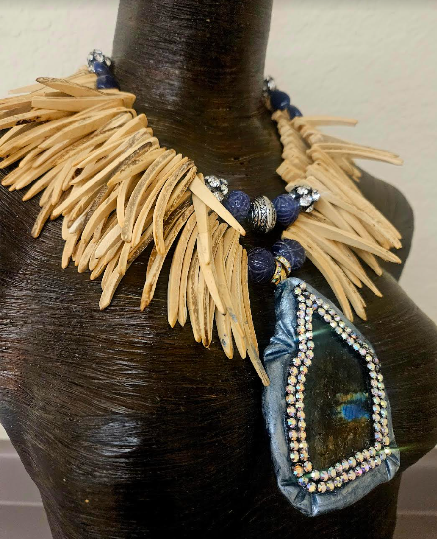 Labradorite Sculpted Slab & Coconut Fringe Chest Piece - Exotic Wood and Gemstone Unisex Statement Necklace - Spectrolite Sapphire and Rhinestone Bib - Kat Kouture Jewelry