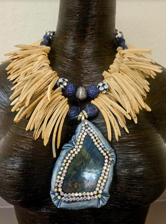 Labradorite Sculpted Slab & Coconut Fringe Chest Piece - Exotic Wood and Gemstone Unisex Statement Necklace - Spectrolite Sapphire and Rhinestone Bib - Kat Kouture Jewelry