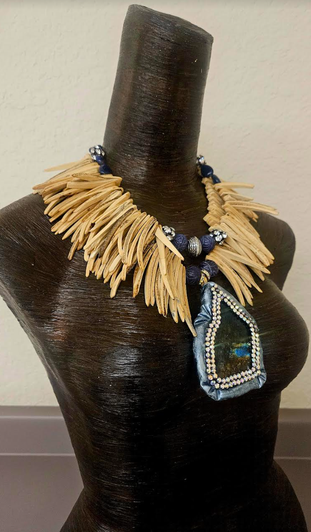 Labradorite Sculpted Slab & Coconut Fringe Chest Piece - Exotic Wood and Gemstone Unisex Statement Necklace - Spectrolite Sapphire and Rhinestone Bib - Kat Kouture Jewelry