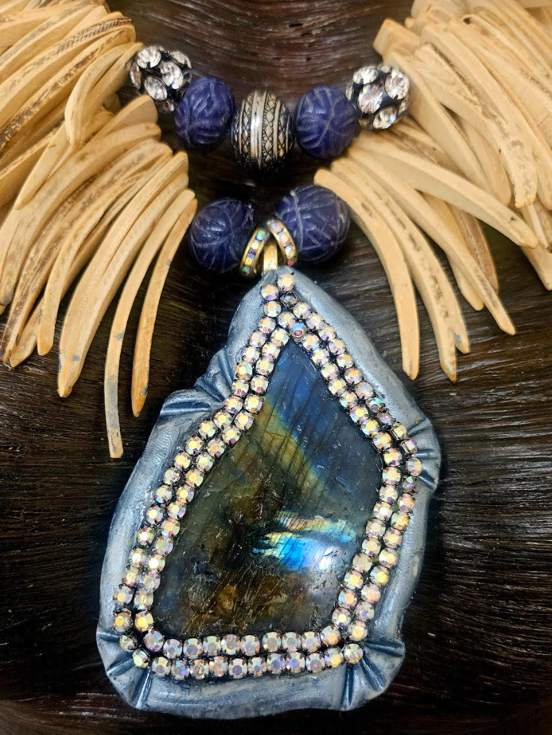 Labradorite Sculpted Slab & Coconut Fringe Chest Piece - Exotic Wood and Gemstone Unisex Statement Necklace - Spectrolite Sapphire and Rhinestone Bib - Kat Kouture Jewelry